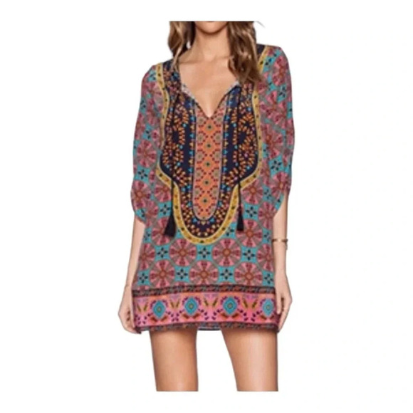 Anthropology TOLANI 100% SILK FLOWY TUNIC MINI DRESS BOHO COASTAL PAISLEY PRINT - Picture 2 of 10